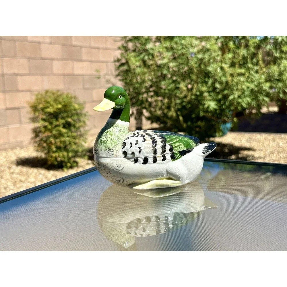 Vintage Porcelain Male Mallard Duck Figural Trinket Box/ Small Candy Dish  6” L
